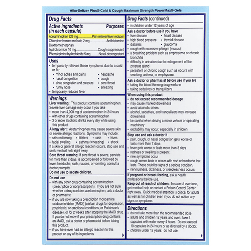 Alka-Seltzer Plus, PowerMax® Gels, капсулы от простуды и кашля, 24 капсулы с жидкостью