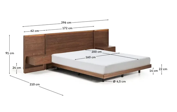 Кровать Norlen с 2 тумбочками и LED-подсветкой, 160x200 см, шпон ореха