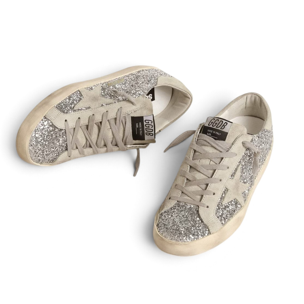 Women’s Super-Star in silver glitter with ice-gray suede star