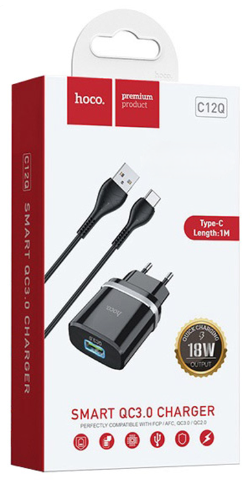 Сетевое зар. устр. Hoco C12Q с шнуром Type-C 1USB QC3.0 2.4A черное
