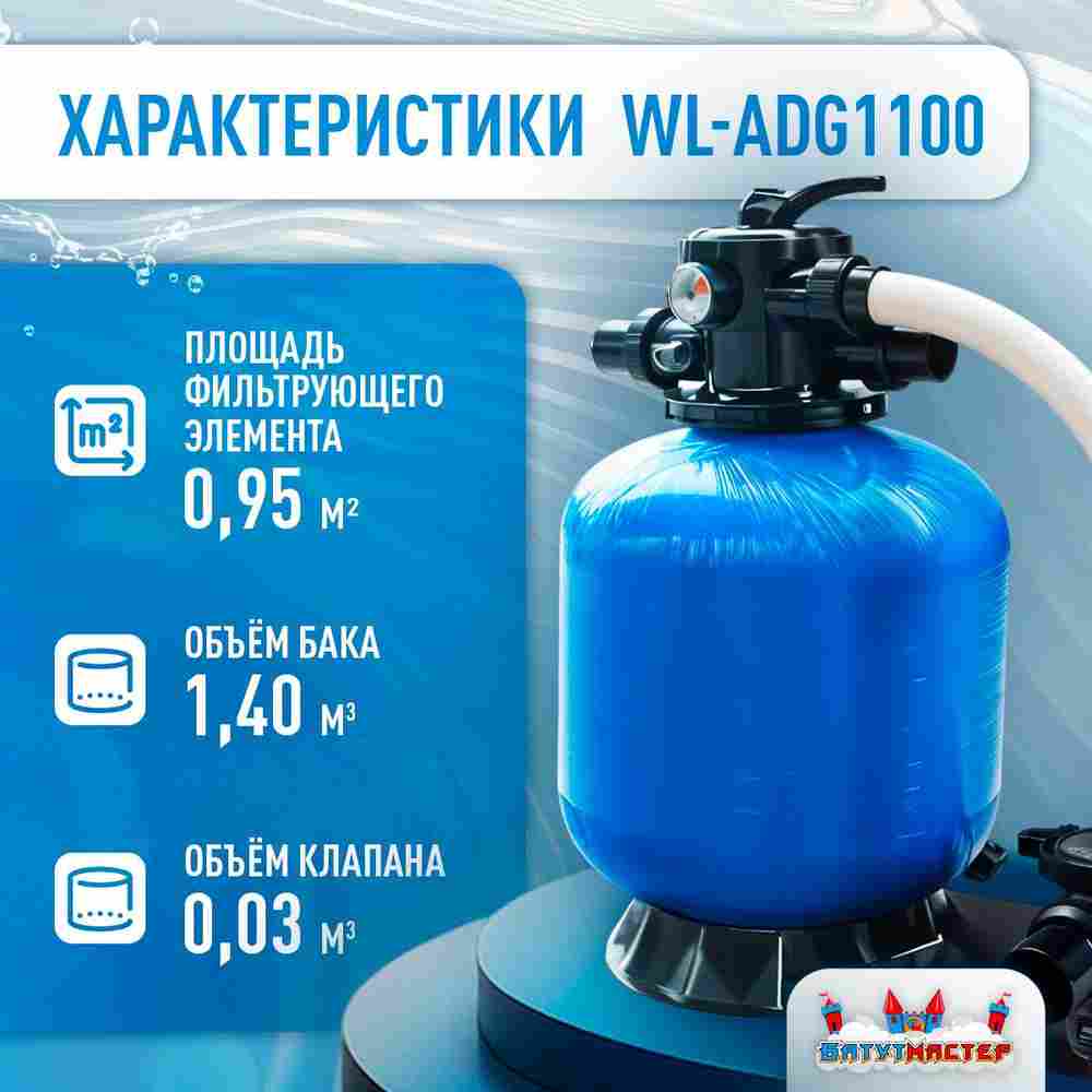 Песочный фильтр WL-ADG1100 для бассейна до 352 м³, до 800 кг песка, до 44000 л/ч
