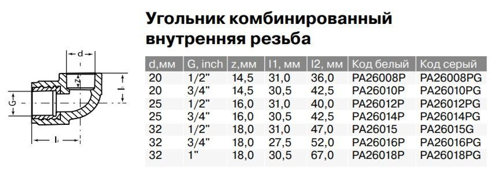 Угольник PPR комбинированный Ду20-32, внутренняя резьба, белый, Pro Aqua