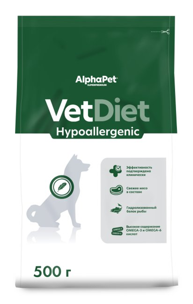 Сухой корм AlphaPet VET DIET для взрослых собак HYPOALLERGENIC при пищевой аллергии и непереносимости ингредиентов - 0,5 кг