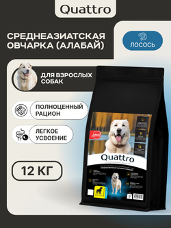 Корм сухой для взрослых собак породы Среднеазиатская овчарка (Алабай), премиум полнорационный комплекс, с лососем, 12 кг, QUATTRO