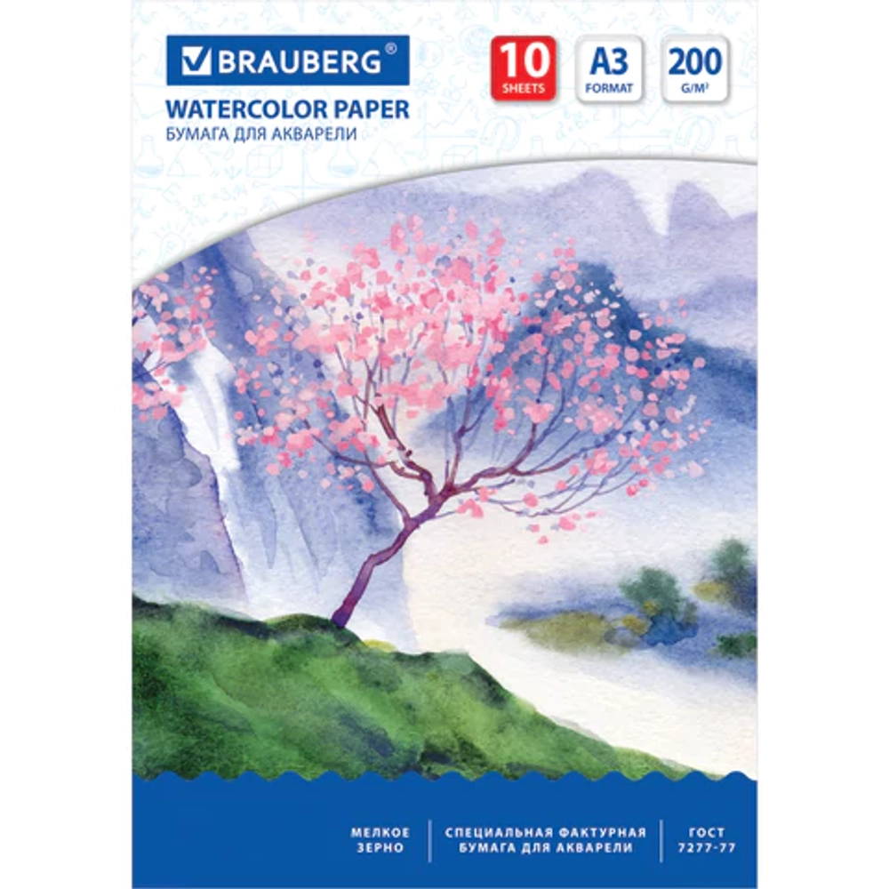 Бумага для акварели БОЛЬШАЯ А3, 10 л., 200 г/м2, 297х420 мм, BRAUBERG, "Сакура"