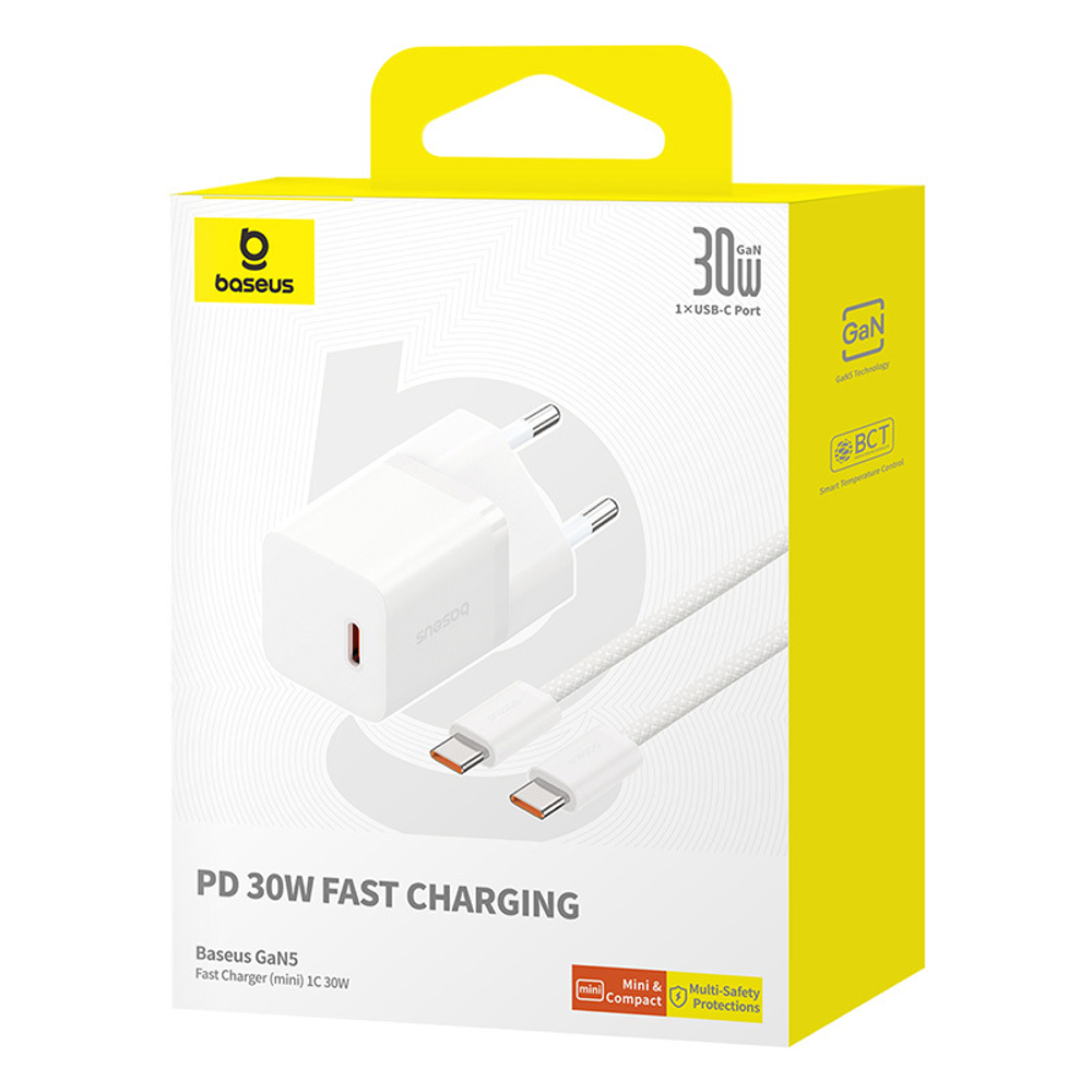 Зарядное устройство Baseus GaN5 (mini) 1C 30W + Кабель USB-C - USB-C - Moon White