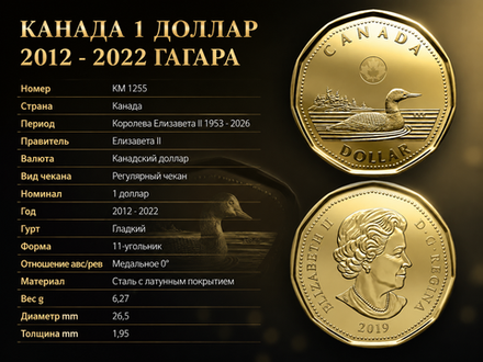 Канада 1 доллар, 2012 - 2022 Королева Елизавета II - Гагара XF