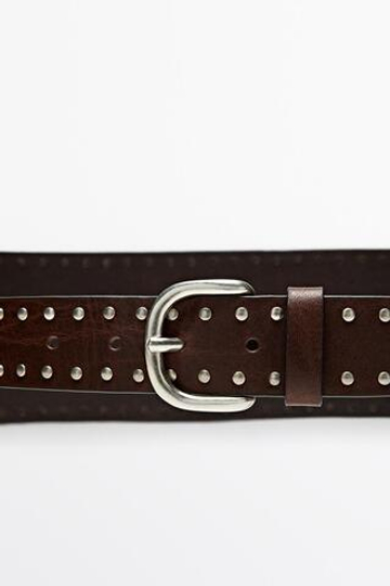 Massimo Dutti Ремень из кожи наппа с заклепками, коричневый