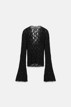ZARA КРУЖЕВНОЙ ТОП С РУКАВАМИ КЛЕШ, ЧЕРНЫЙ