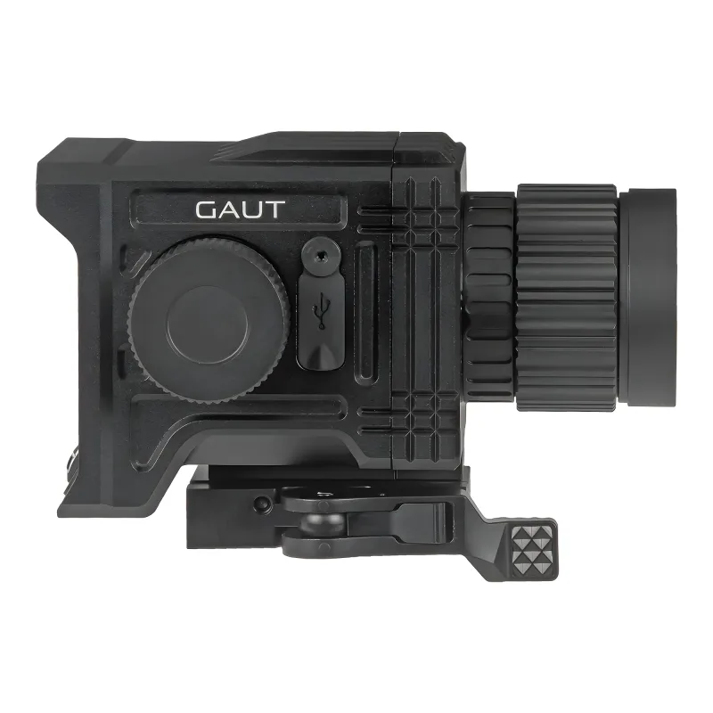 Коллиматор тепловизионный Gaut Nova TD 219, x1.2-4.8, 256x192, D19мм 6000Дж - вид слева, разъем usb и логотип