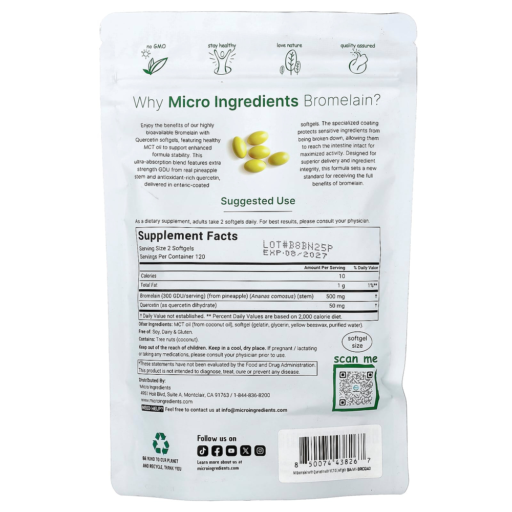 Micro Ingredients, бромелаин с кверцетином, 240 капсул