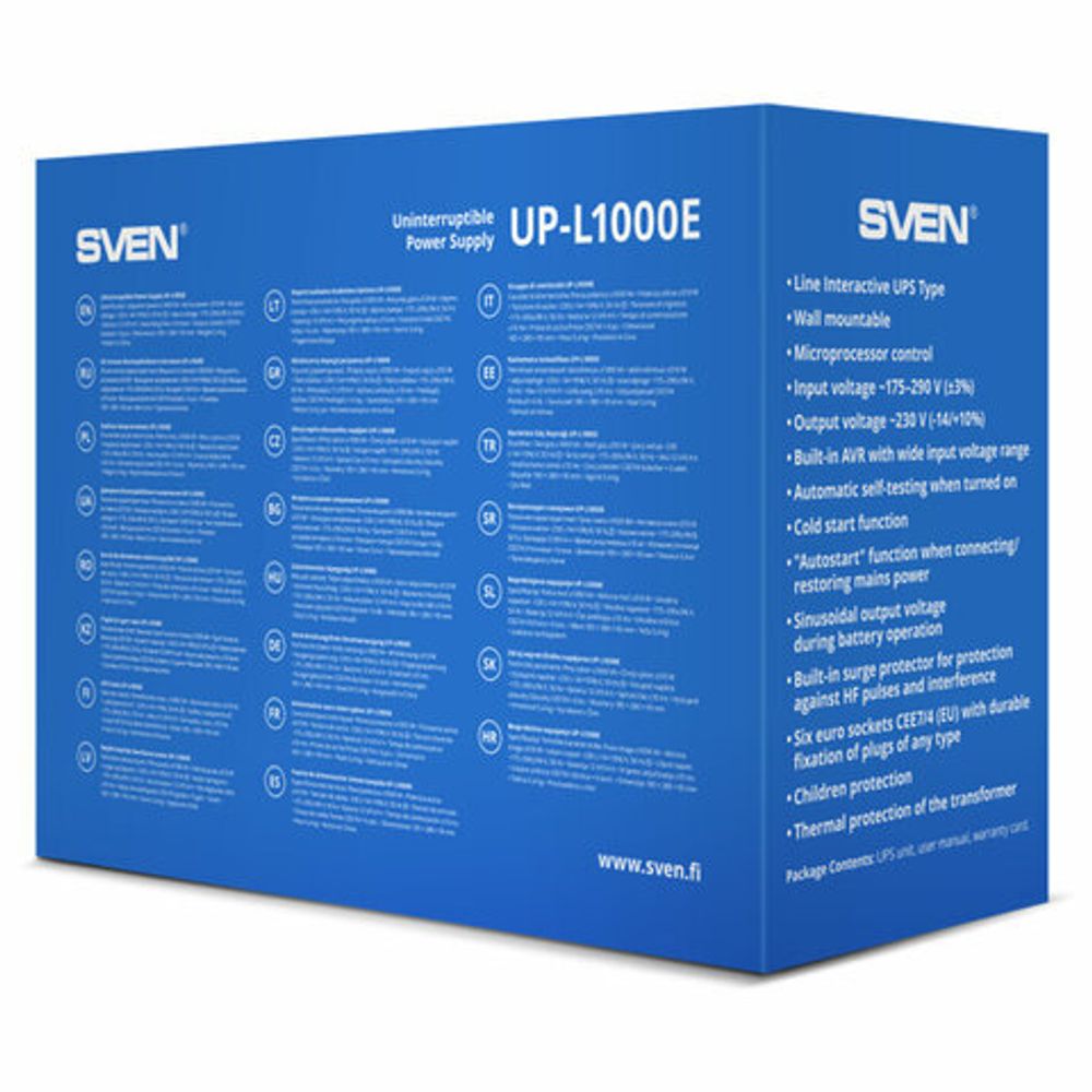 Источник бесперебойного питания SVEN UP-L1000E, 510VA (290 W), 6 евророзеток, SV-016593
