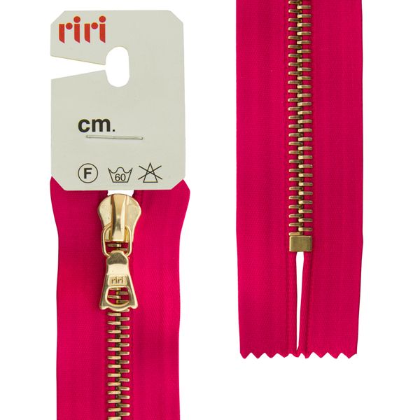 Молния металл RIRI Т6 (6 мм) 1 зам., н/раз., 18 см, Gold, атласная тесьма, цв.9407, малиновый, 1 шт