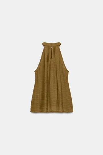 ZARA ТОП С ГОРЛОВИНОЙ ХАЛТЕР И СБОРКАМИ, ОЛИВКОВЫЙ