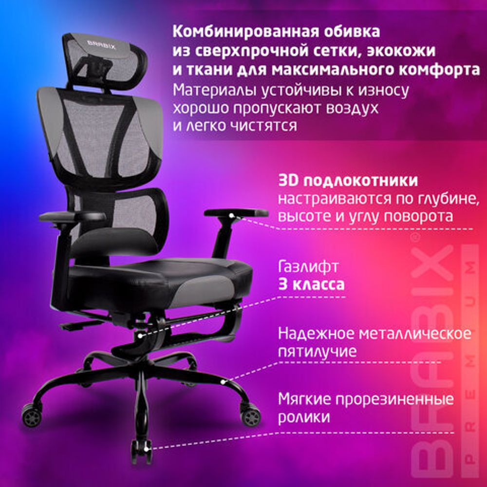 Кресло BRABIX PREMIUM "Venom GM-530", подножка, синхромеханизм, экокожа/сетка, черное/серое, 532951