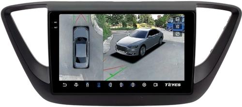Магнитола для Hyundai Solaris 2 2017-2022 / Solaris HS (без штатной КЗВ, рамка черная матовая) - Teyes CC3-2K-360 монитор 9.5" 2K QLED на Android 10, Быстрая, CarPlay, 4G SIM-слот, 4 камеры в комплекте