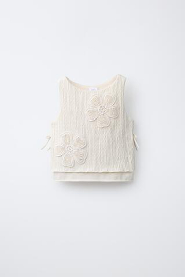 ZARA ТОП ИЗ КРУЖЕВА КРОШЕ С ЦВЕТАМИ, ЭКРЮ