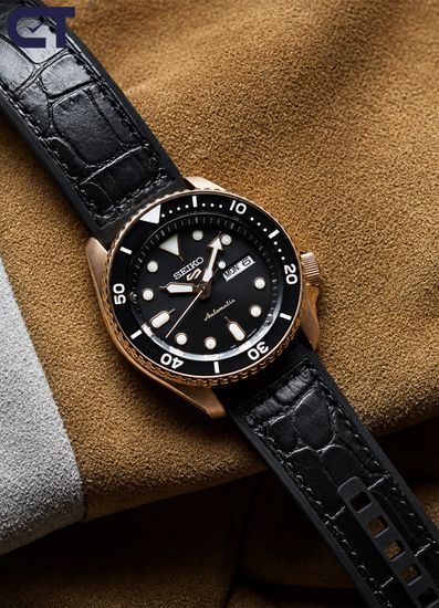 Seiko SRPD76K1 5 Sports SKX мужские наручные часы — автоматические часы в чёрно-розово-золотистой гамме