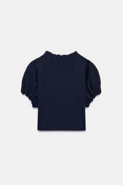 ZARA ТРИКОТАЖНЫЙ ТОП С РЮШАМИ, МОРСКОЙ СИНИЙ
