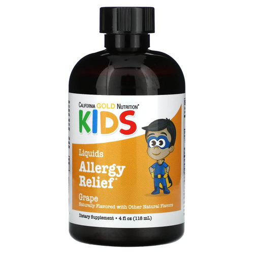California Gold Nutrition, жидкое средство от аллергии с экстрактом бузины, витамином C, порошком амлы и бромелаином для детей, без спирта, виноград, 118 мл (4 жидк. унции)