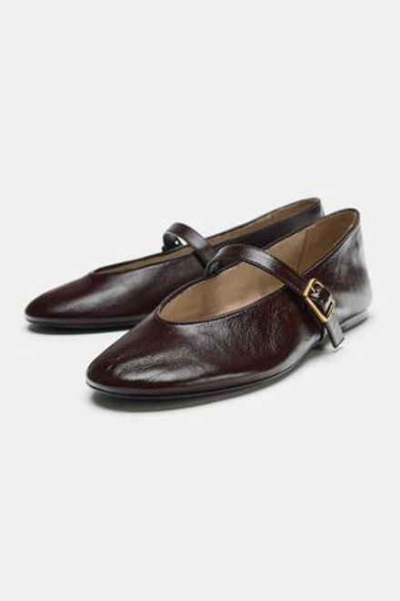 ZARA КОЖАНЫЕ БАЛЕТКИ С ПРЯЖКОЙ, ШОКОЛАДНО-КОРИЧНЕВЫЙ