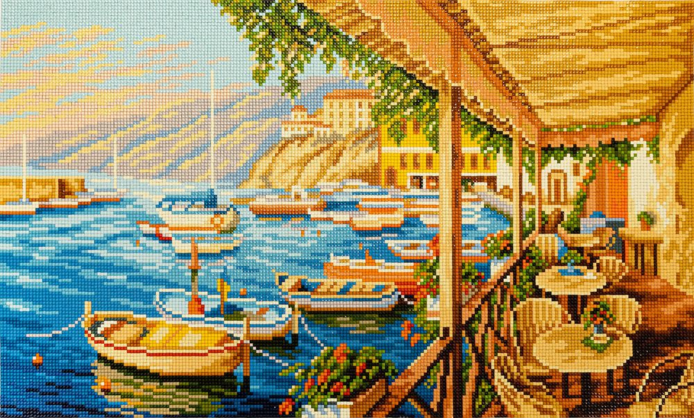 Алмазная (кристальная) мозаика Фрея, Кафе у причала, 50х30 см