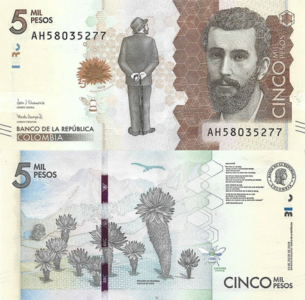 Колумбия 5000 песо 2015-2024 Хосе Асунсьон Сильва UNC