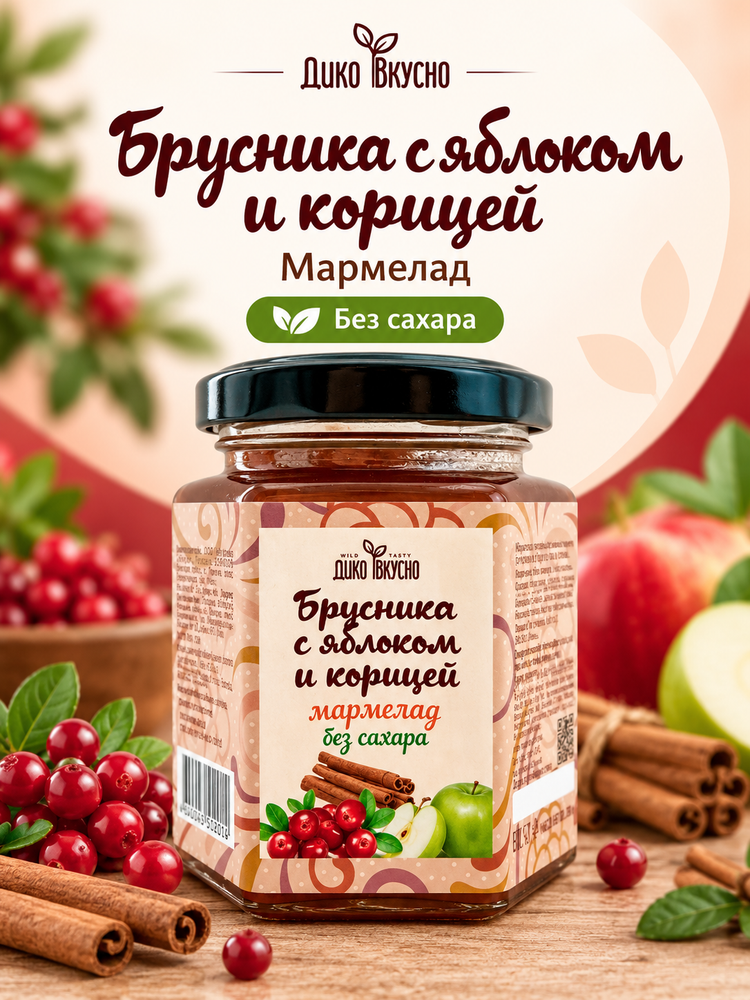 Мармелад ягодный Брусника с Яблоком и корицей  200гр.  БЕЗ САХАРА  стеклобанка  ТМ Дико Вкусно