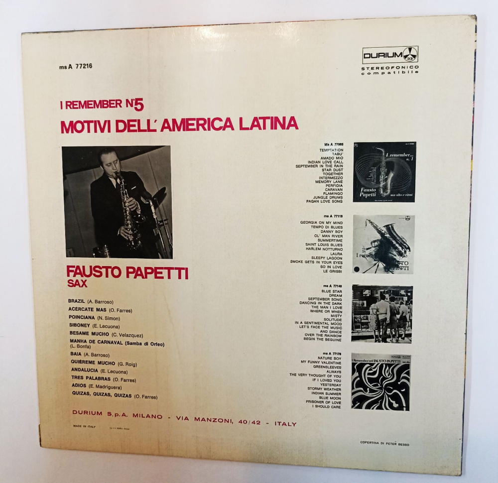 Винтажная виниловая пластинка LP Fausto Papetti I Remember No. 5 Motivi Dell America Latina (Italy 1969)