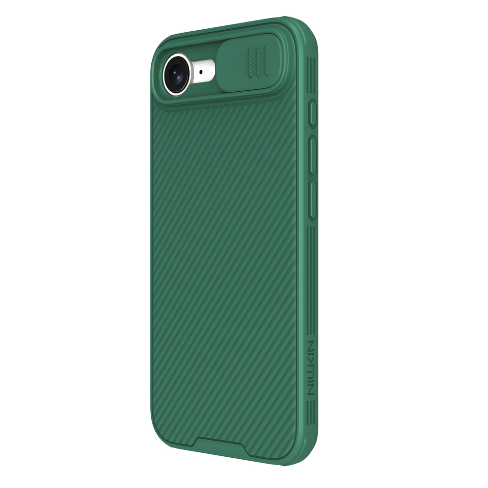 Чехол усиленный зеленого цвета (Dark Green) с защитной шторкой для камеры от Nillkin на iPhone 16e и iPhone 17e, серия CamShield Pro Case