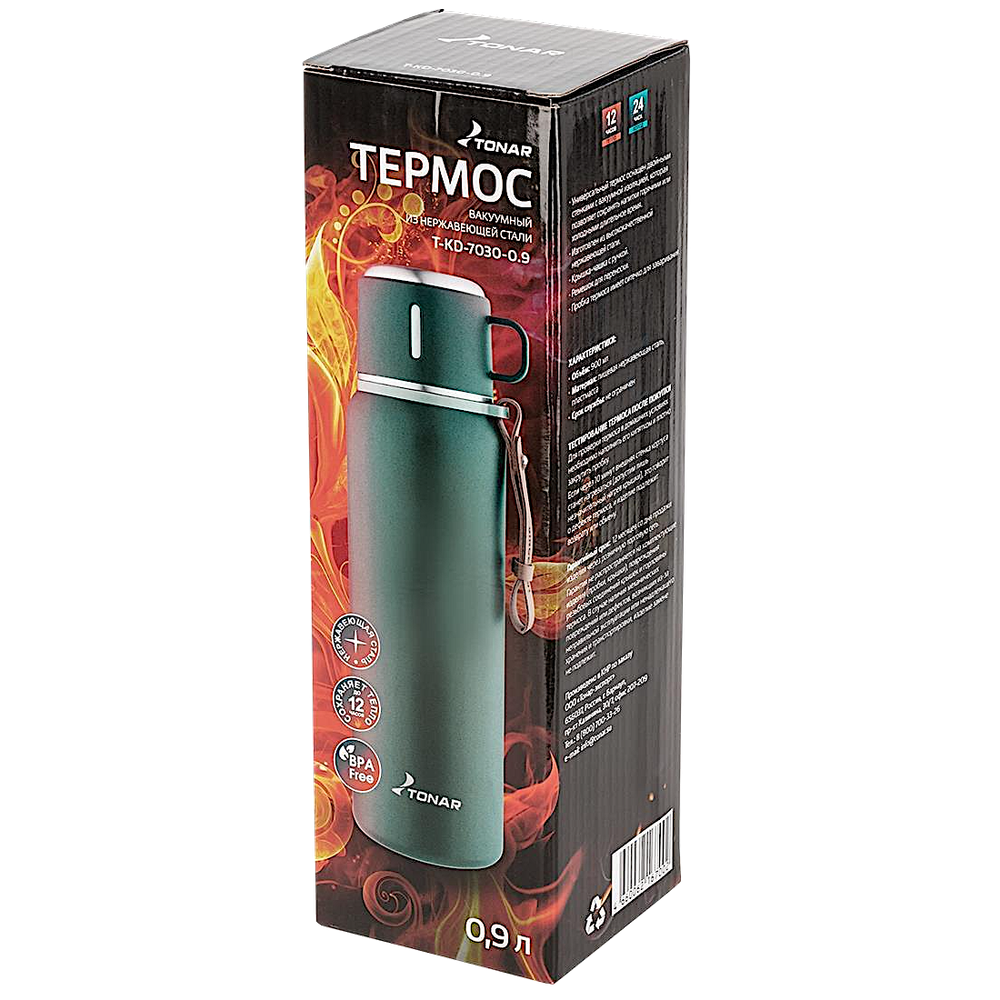 Термос 0.90л Тонар T-KD-7030 Пробка-ситечко Крышка-кружка Ремешок -