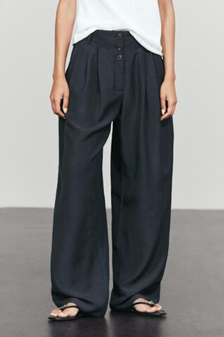 Massimo Dutti Брюки из смесовой льняной ткани с пуговицами, темно-синий