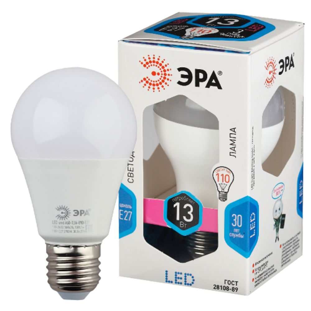 Лампа светодиодная ЭРА STD LED A60-13W-840-E27 13Вт груша нейтральный белый свет Е27 | Лампы cветодиодные Груша (A)