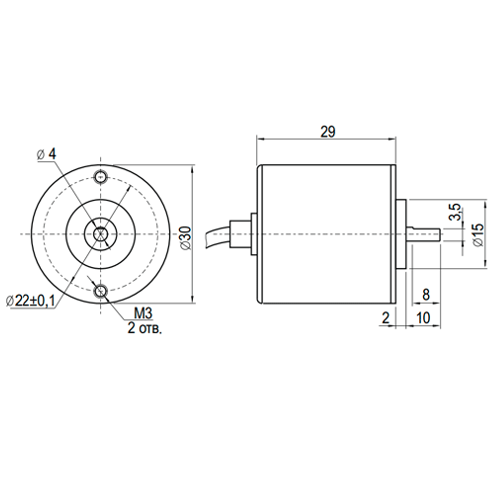 Инкрементальный энкодер INNOCONT ESI-S30-4-1000-6-L-5 D=30мм, выступающий вал 4мм, 1000 имп/об, 5VDC, выход TTL, IP54, -20…+80°C, аксиальный кабель 2м