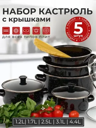 Утяжелённый чёрный набор кастрюль со стеклянными крышками