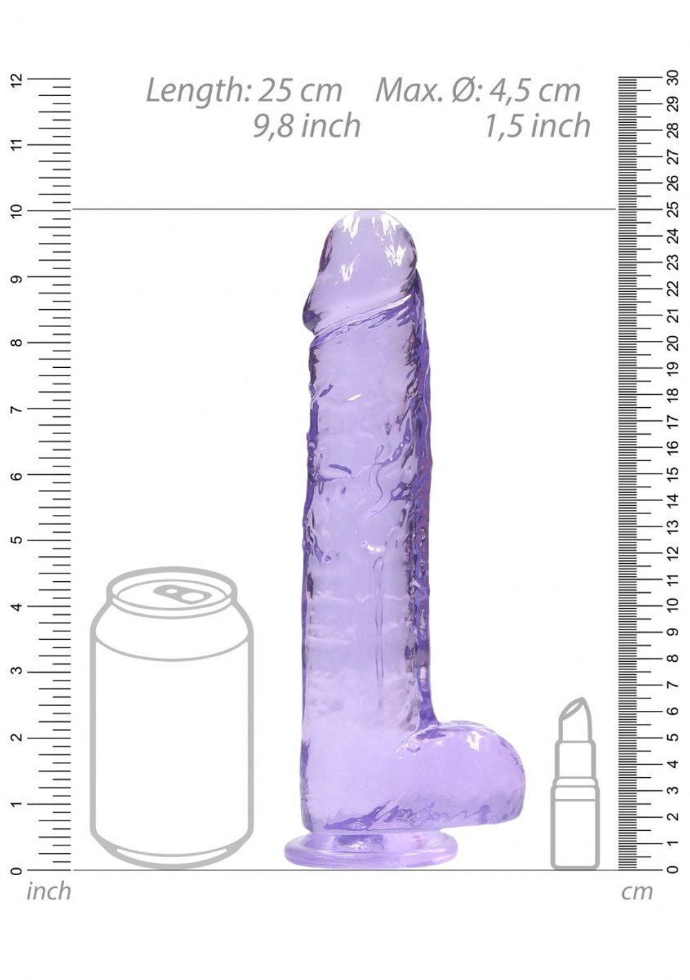 Фиолетовый фаллоимитатор Realrock Crystal Clear 9 inch - 25 см. (Цвет: фиолетовый)