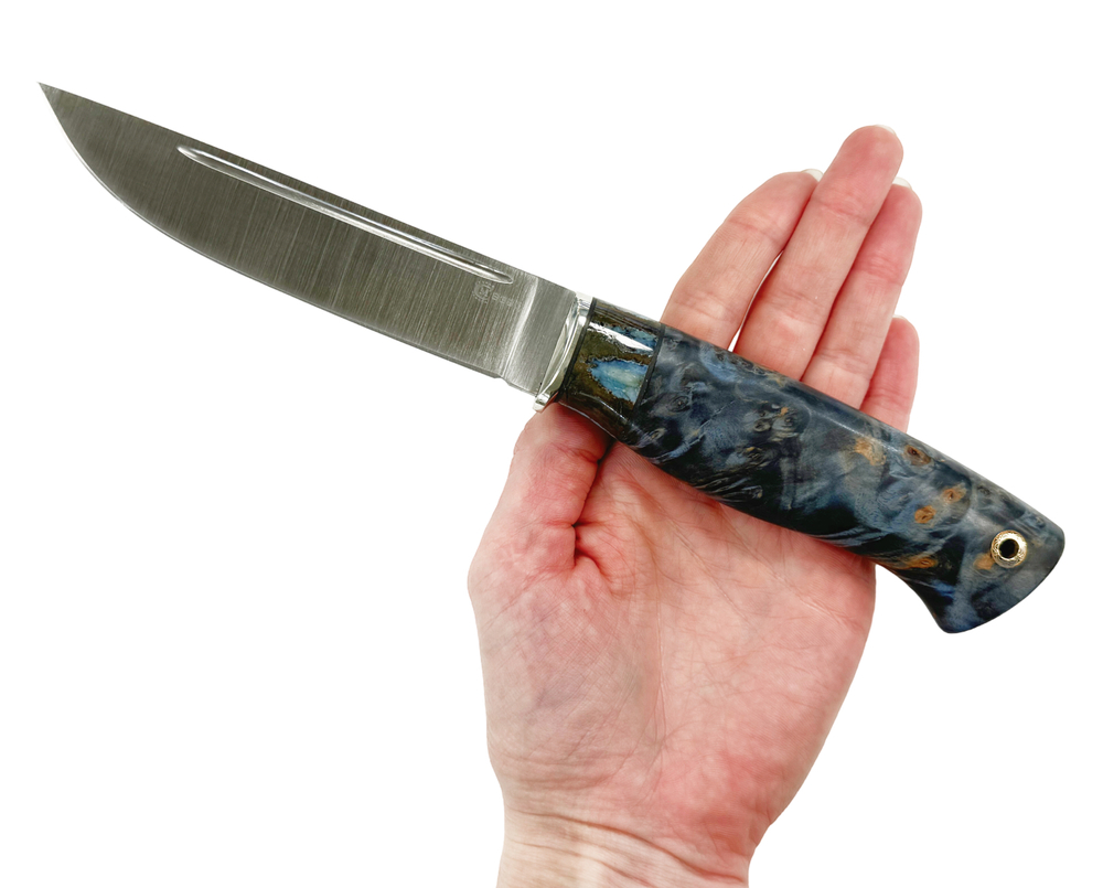Финский нож Пуукко, Bohler S390, мельхиор, зуб мамонта, кап.клена