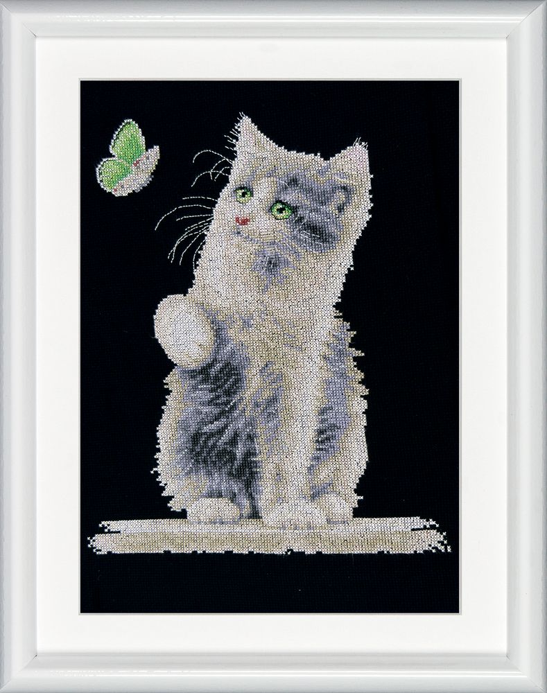 Набор для вышивания нитками Dutch Stitch Brothers Кот и бабочка, канва аида 14 ct (черного цвета)