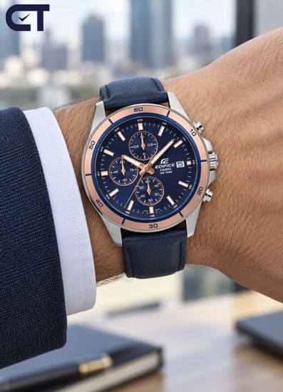 CASIO EFR-526L-2AVUDF EDIFICE мужские наручные часы — хронограф на кожаном ремешке с синим циферблатом