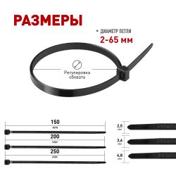 Набор стяжек кабельных пластиковых ЭРА NO-225-631 2.5х150 3.6х200 4.8х250 черные 75 шт | Кабельные стяжки (хомуты)
