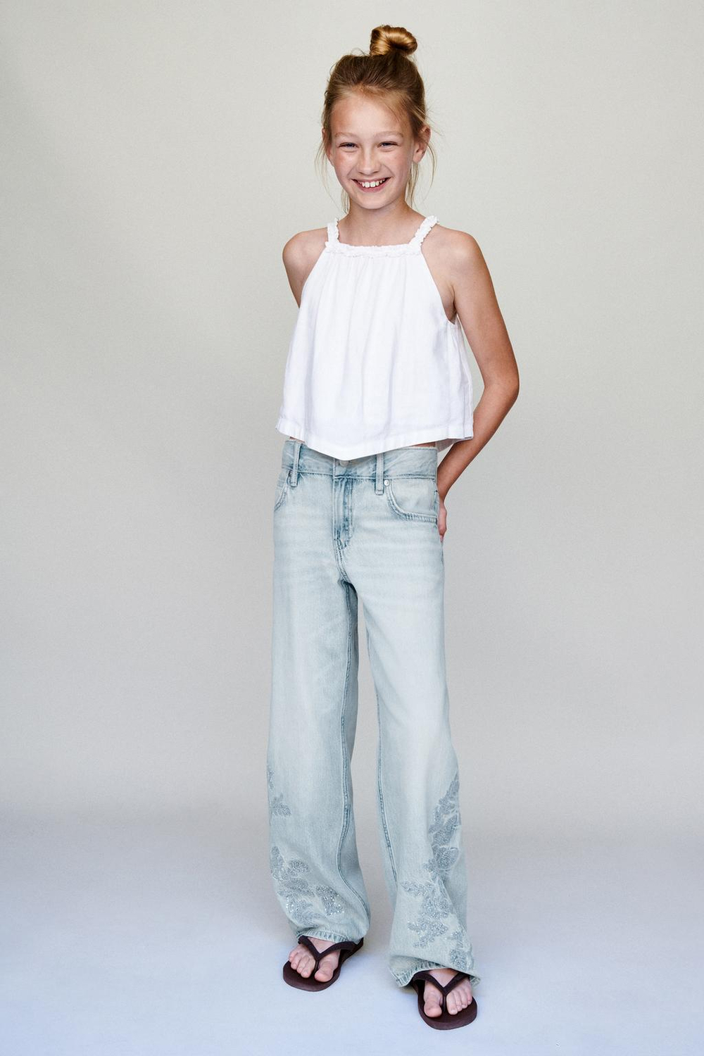 ZARA ДЖИНСЫ WIDE LEG С ВЫШИВКОЙ И СТРАЗАМИ, СИНИЙ