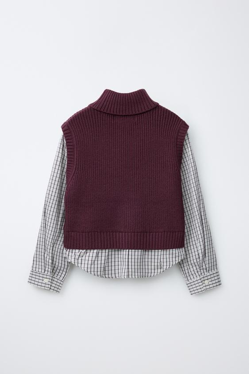 ZARA РУБАШКА С ТРИКОТАЖНЫМ ЖИЛЕТОМ В КЛЕТКУ, БУРГУНДИ