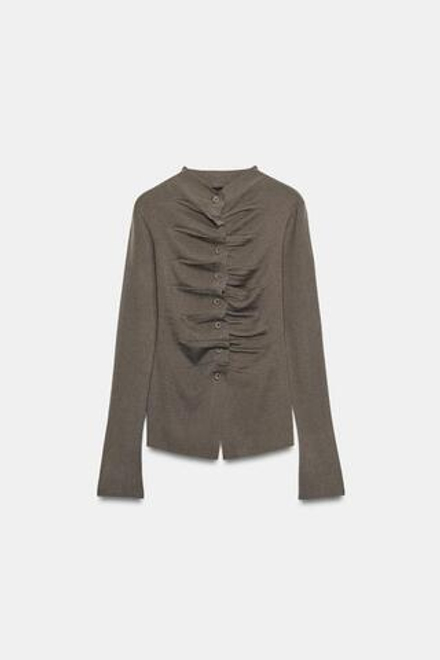 ZARA ТРИКОТАЖНЫЙ ТОП СО СБОРКАМИ, КАМЕННЫЙ МЕЛАНЖ