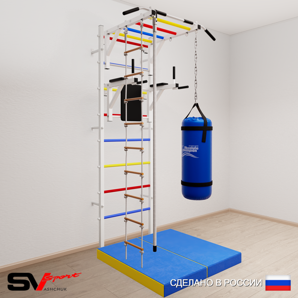 Шведская стенка Sv Sport 5455 (Турник рукоход/Брусья/Канат/Лестница/Цепь/Мешок 15кг/Мат 1м)