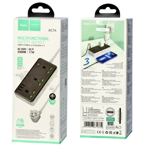 Сетевой фильтр Hoco AC7A 3 розетки/3USB/1USB-C 3м черный