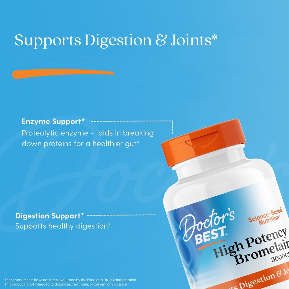 Doctor's Best, высокоэффективный бромелаин, 3000 GDU, 500 мг, 90 растительных капсул