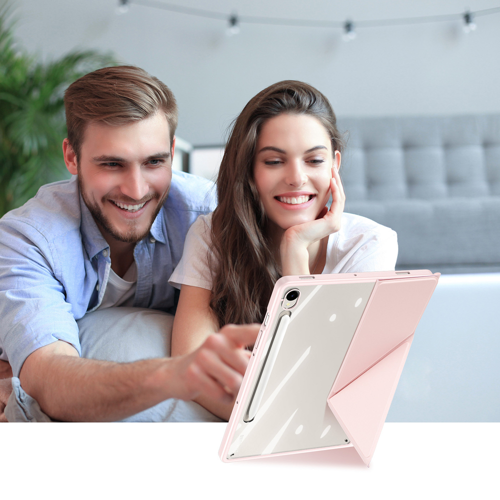 Чехол книжка розового цвета от Dux Ducis для Samsung Galaxy Tab S9, Tab S9 FE и Tab S10 FE, серия Magi Series Case, с держателем Pencil и функцией автоматического перехода в спящий режим