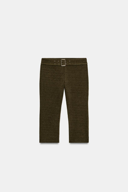 ZARA БРЮКИ КАПРИ ИЗ ВЕЛЬВЕТА С ПОЯСОМ, ТЕМНО-ОЛИВКОВЫЙ