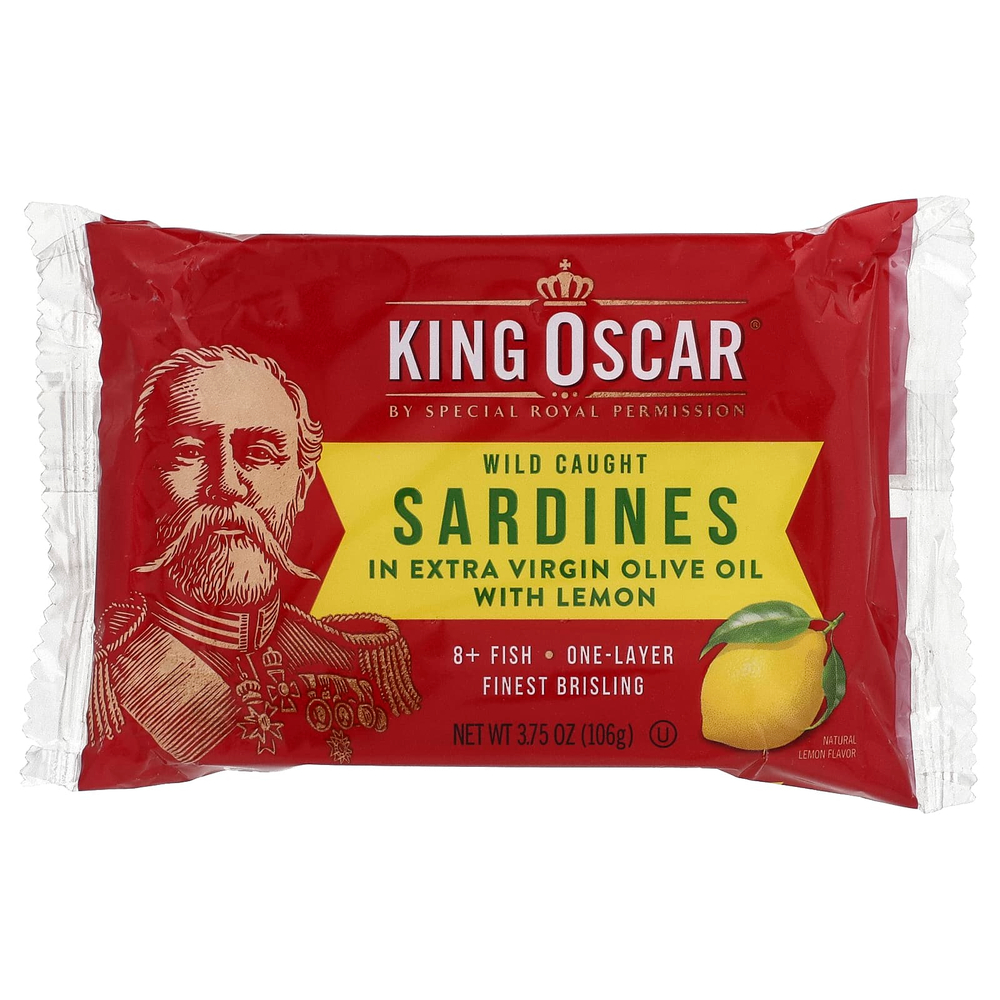 King Oscar, сардины дикого улова, в нерафинированном оливковом масле высшего качества, с лимоном, 106 г (3,75 унции)