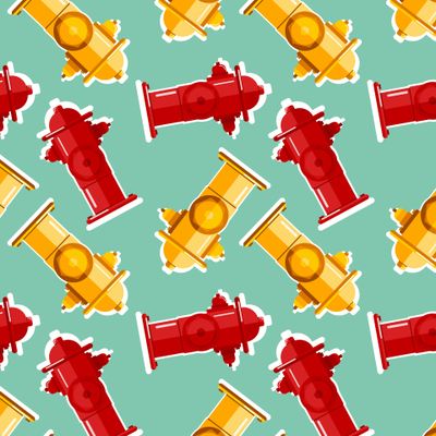 Seamless pattern of red and yellow water fire hydrant isolated on light blue background.